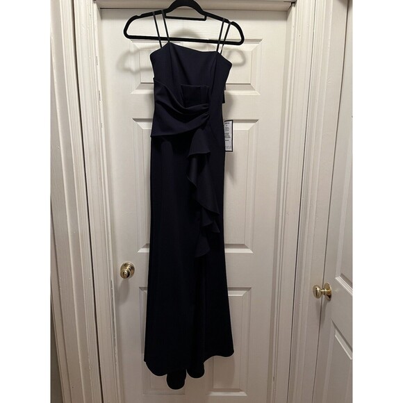 Betsy & Adam Ruffle Cascade Strapless Fit Flare Navy Prom Evening Gown Dress 4 - Picture 5 of 16